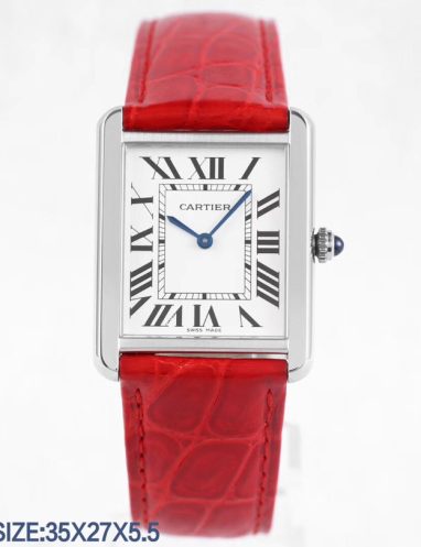 Cartier Tank Solo Stainless Steel Watch with Red Leather Strap