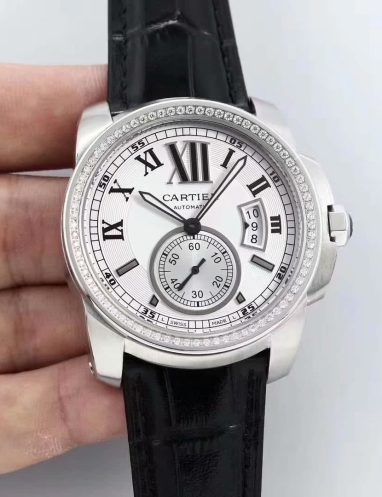 Cartier Luxury Automatic Watch with Black Leather Strap