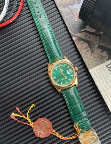 Rolex Green Dial Gold Watch with Leather Strap