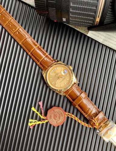 Rolex Classic Gold Dial Leather Strap Watch