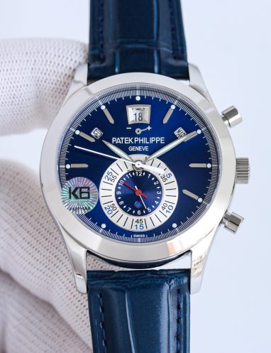 Patek Philippe Blue Dial Chronograph Leather Strap Watch