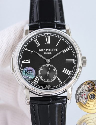 Patek Philippe Black Dial Leather Strap Watch