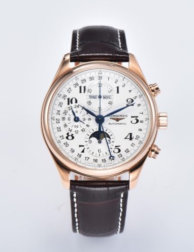 Longines Rose Gold Chronograph Leather Strap Watch